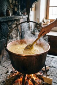 tradizionale cottura della polenta in paiolo di rame